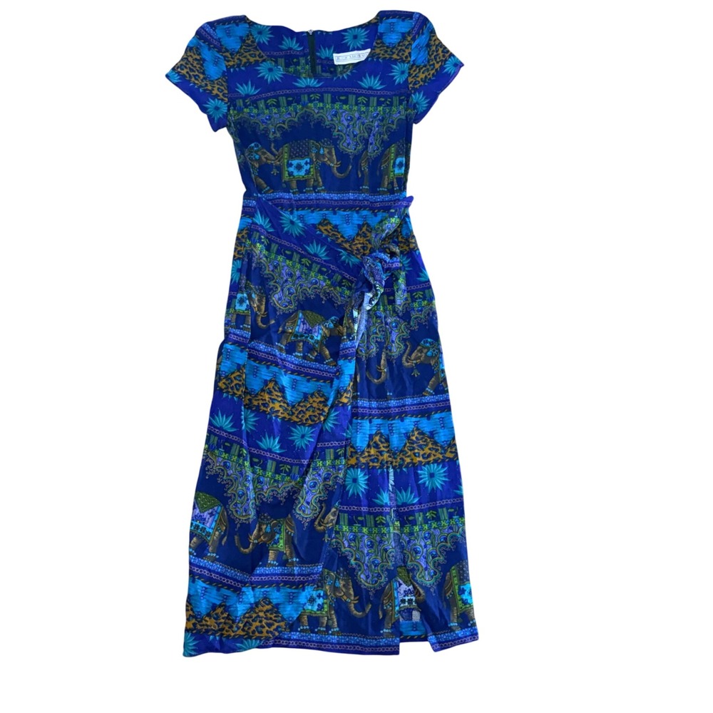 Jessica Howard‎ Blue Gold Elephant Print Faux Wrap Dress 2000s Boho Size 2 VTG